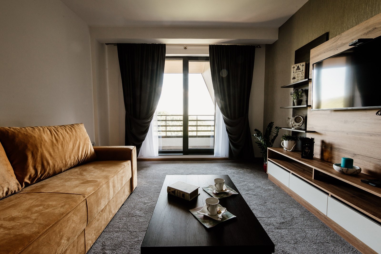 Bright open-plan living area in a furnished apartment
