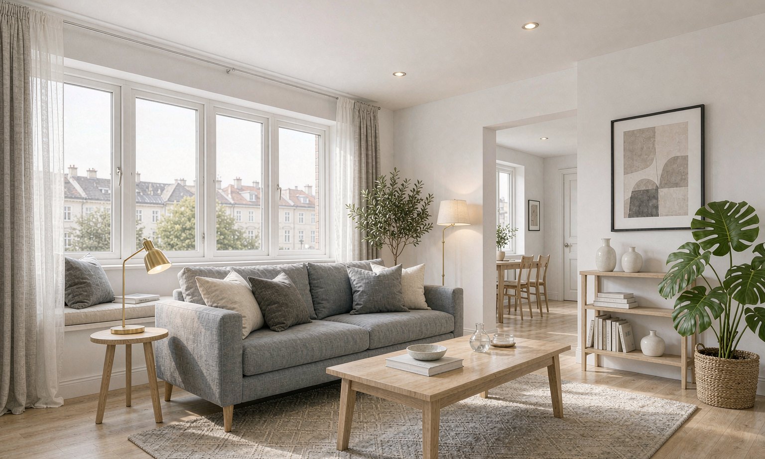Bright furnished living room in a RAE Holdings apartment