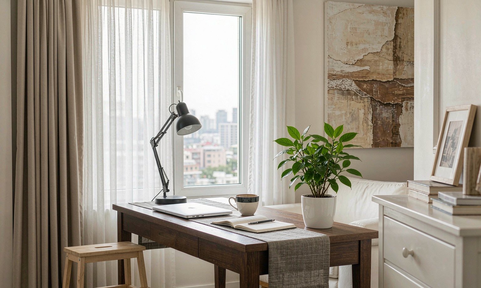 Apartment workspace with desk and comfortable chair